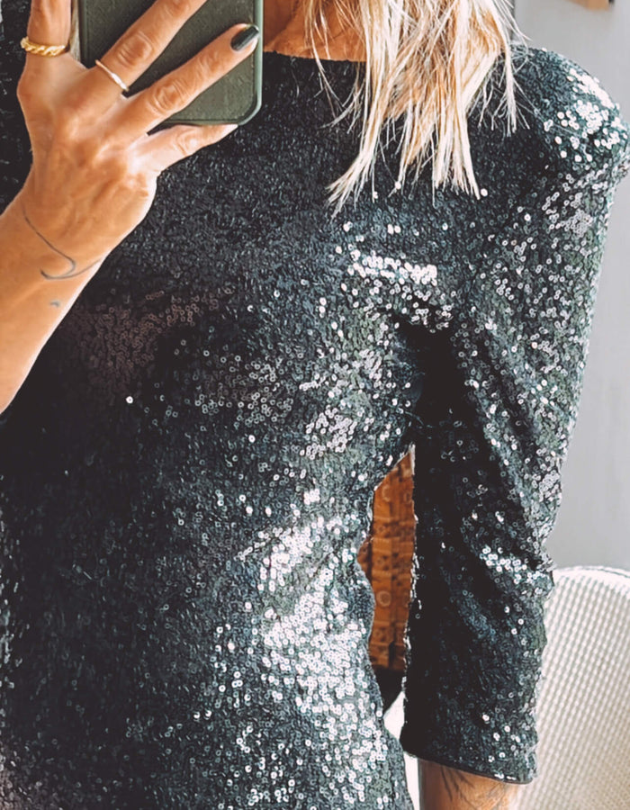 Black Sequinned Mini Dress // Small