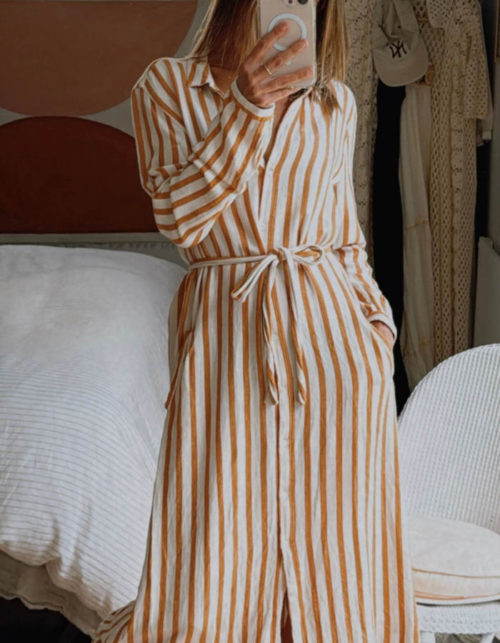 HARTFORD (France) // Striped Shirt Dress // Terracotta/Cream // Small (8-10)