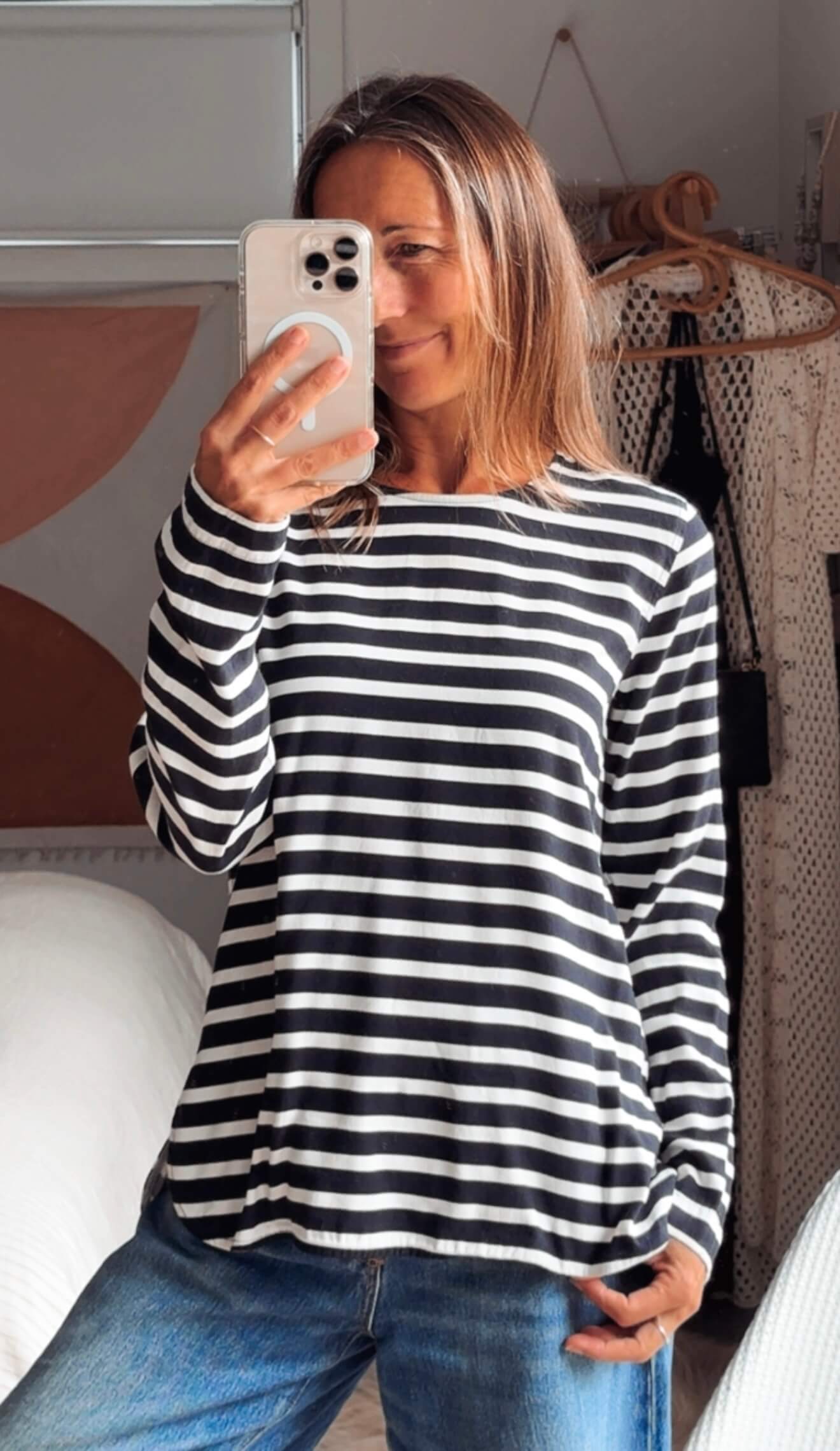 TRENERY // Navy Striped Crew Top // Small