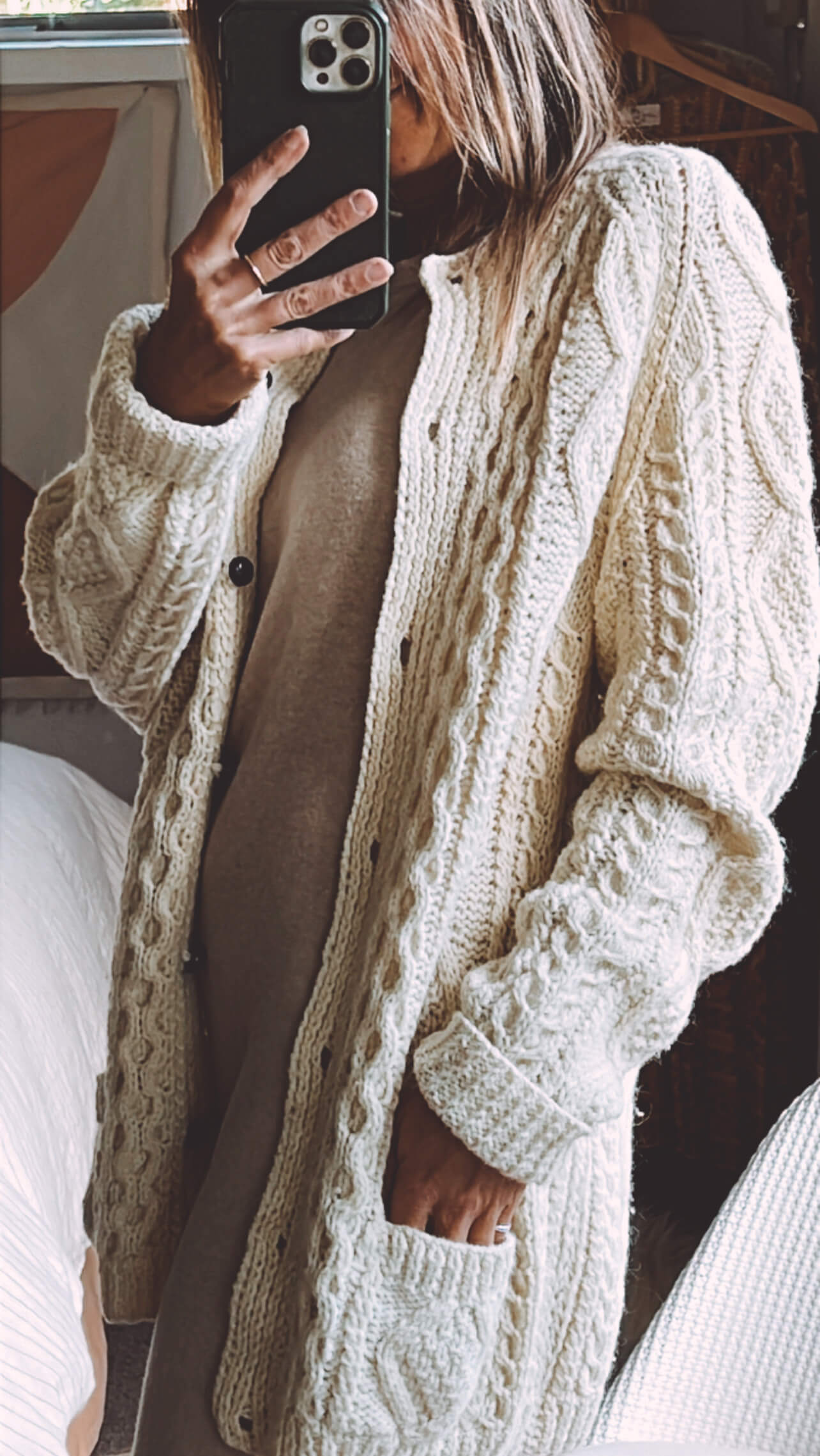 Cream Hand-Knitted Woollen Arran Cardi // Free Size