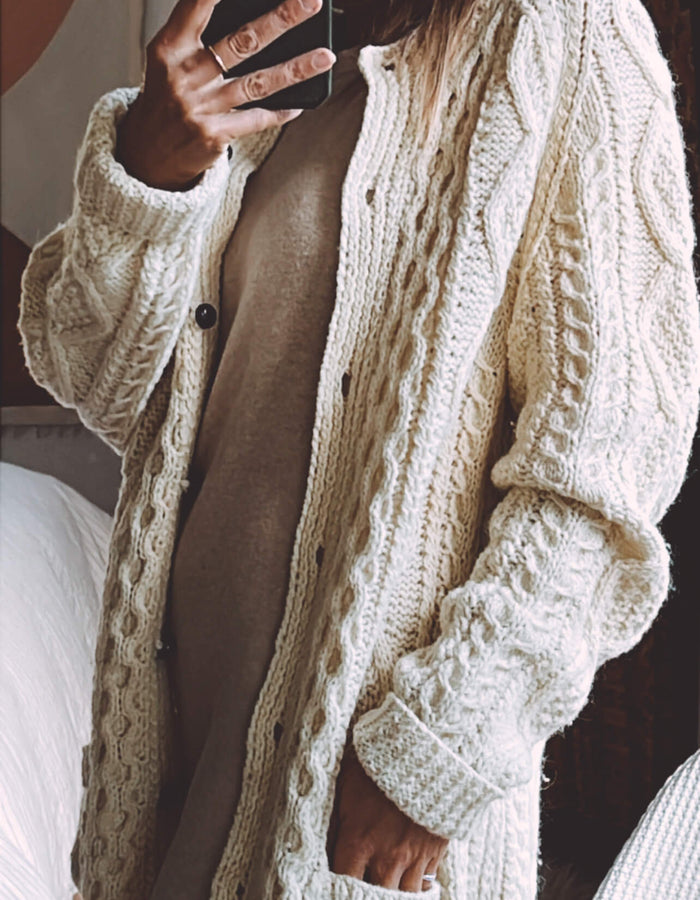 Cream Hand-Knitted Woollen Arran Cardi // Free Size