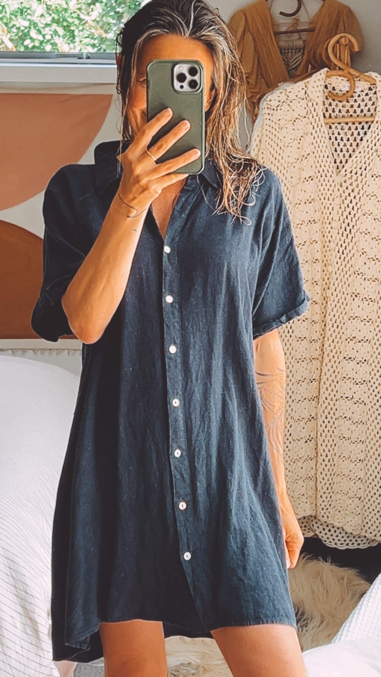 Navy Linen Shirt Dress // Medium