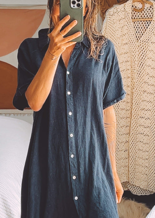 GLASSONS Navy Linen Shirt Dress // Medium