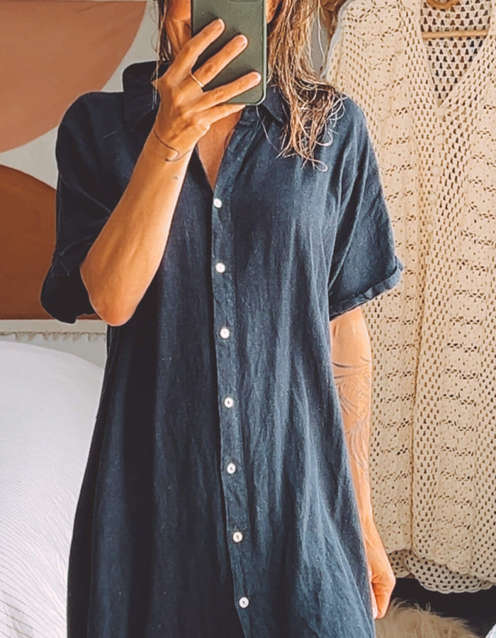 Navy Linen Shirt Dress // Medium