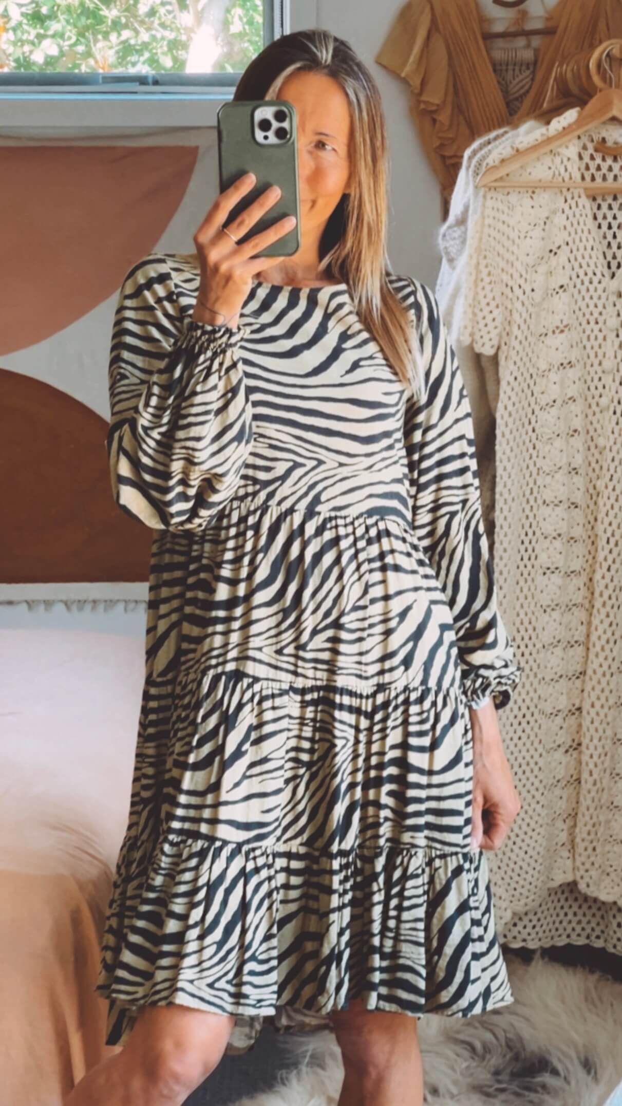 Khaki Zebra Print Dress by Mineral // Small