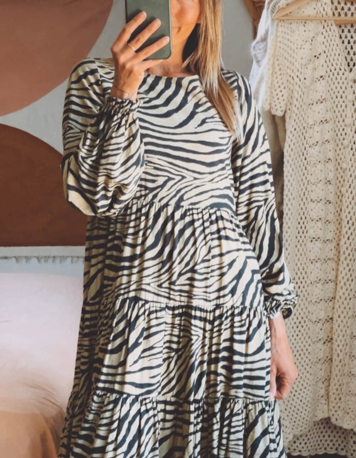 Khaki Zebra Print Dress by Mineral // Small