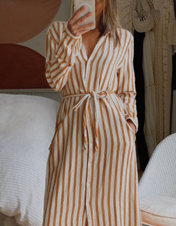 HARTFORD (France) // Striped Shirt Dress // Terracotta/Cream // Small (8-10)