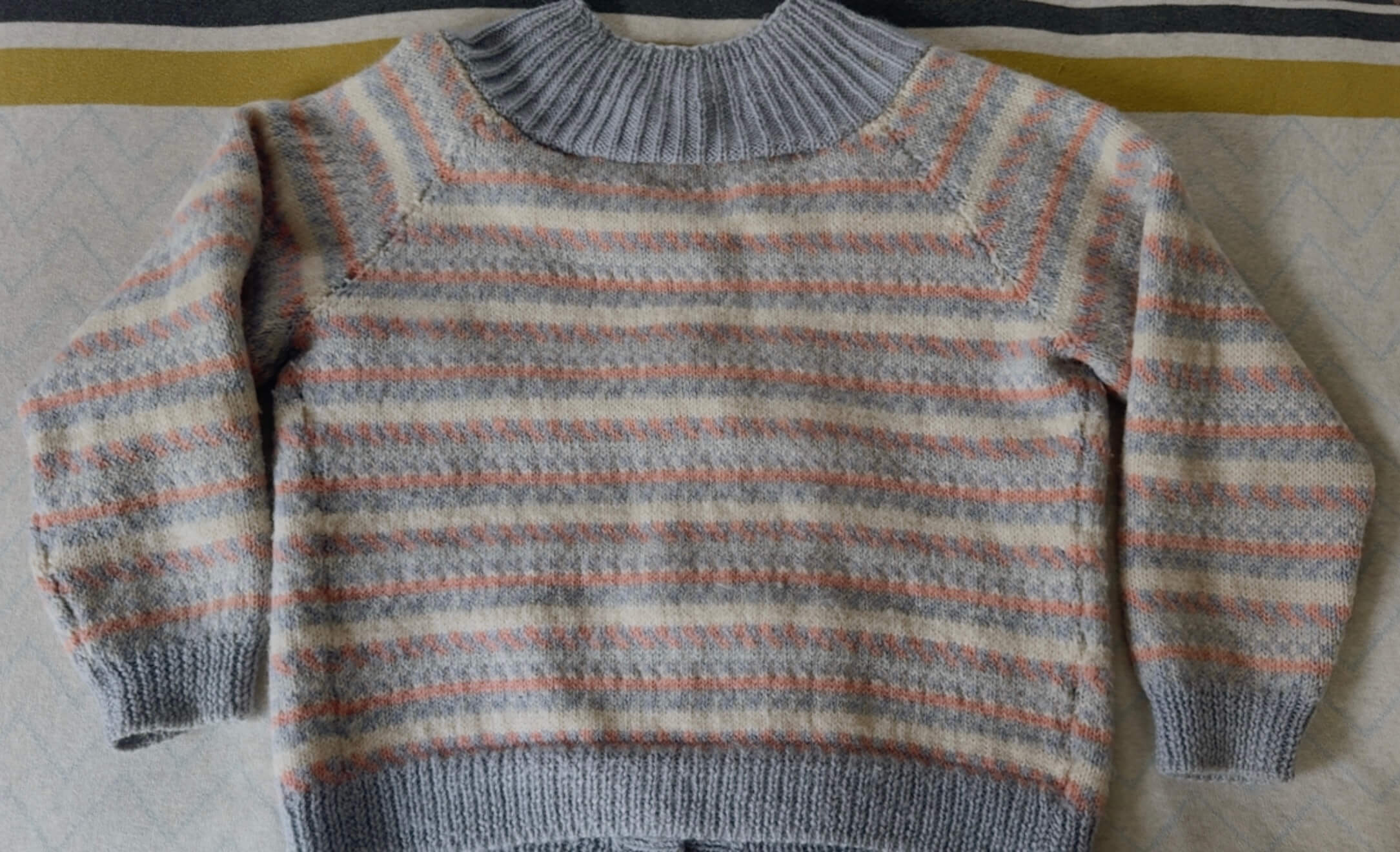 Hand-knitted Woollen Cardi // Duck Egg Blue/Pink/Cream // Free Size