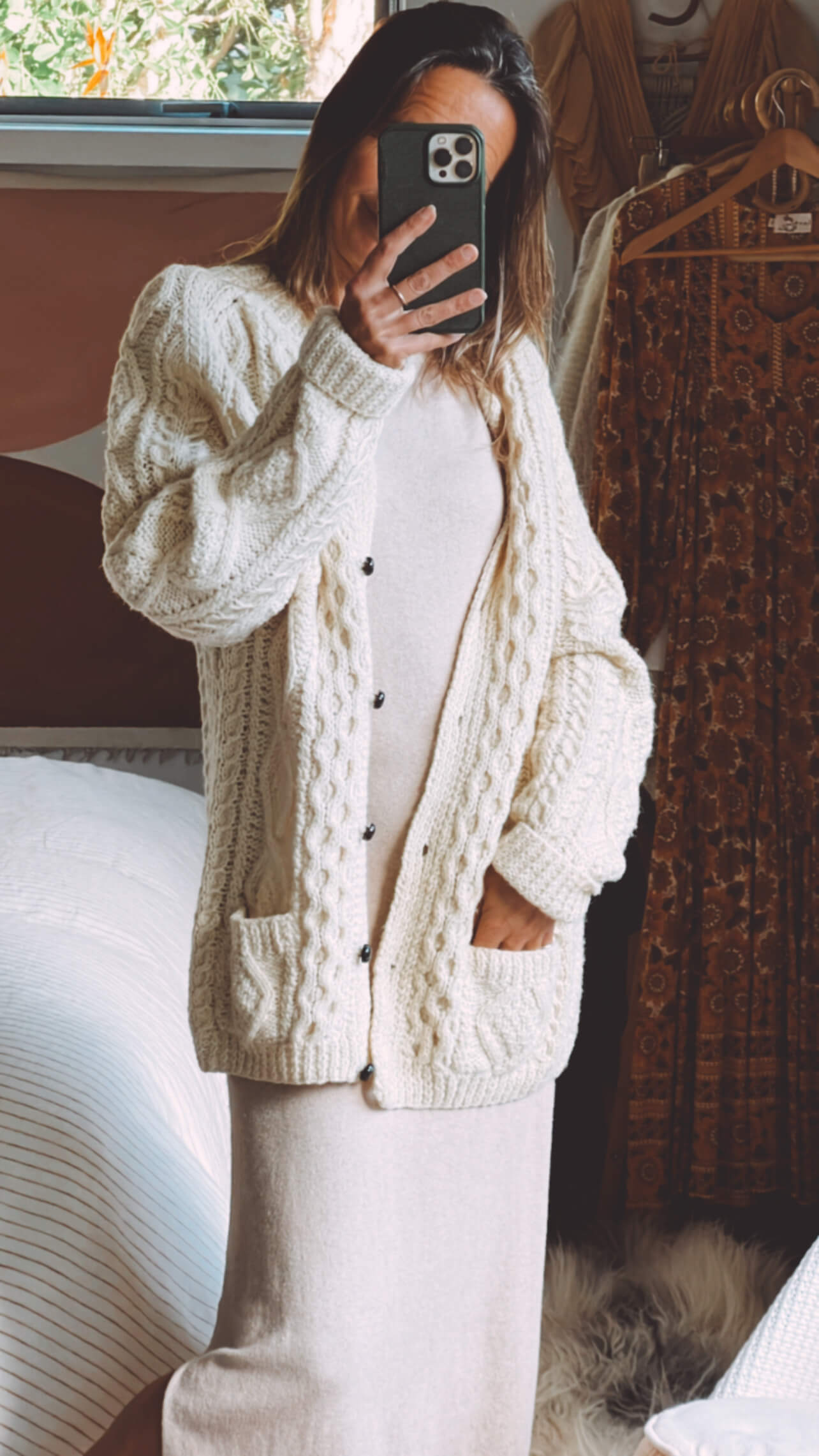 Cream Hand-Knitted Woollen Arran Cardi // Free Size