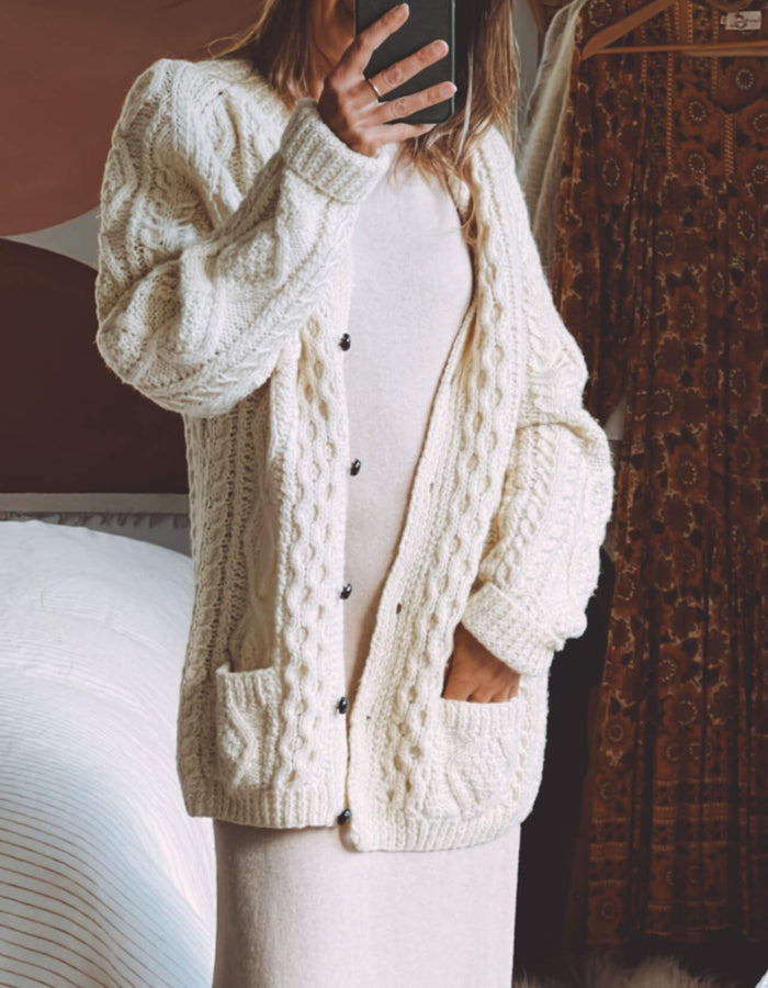 Cream Hand-Knitted Woollen Arran Cardi // Free Size