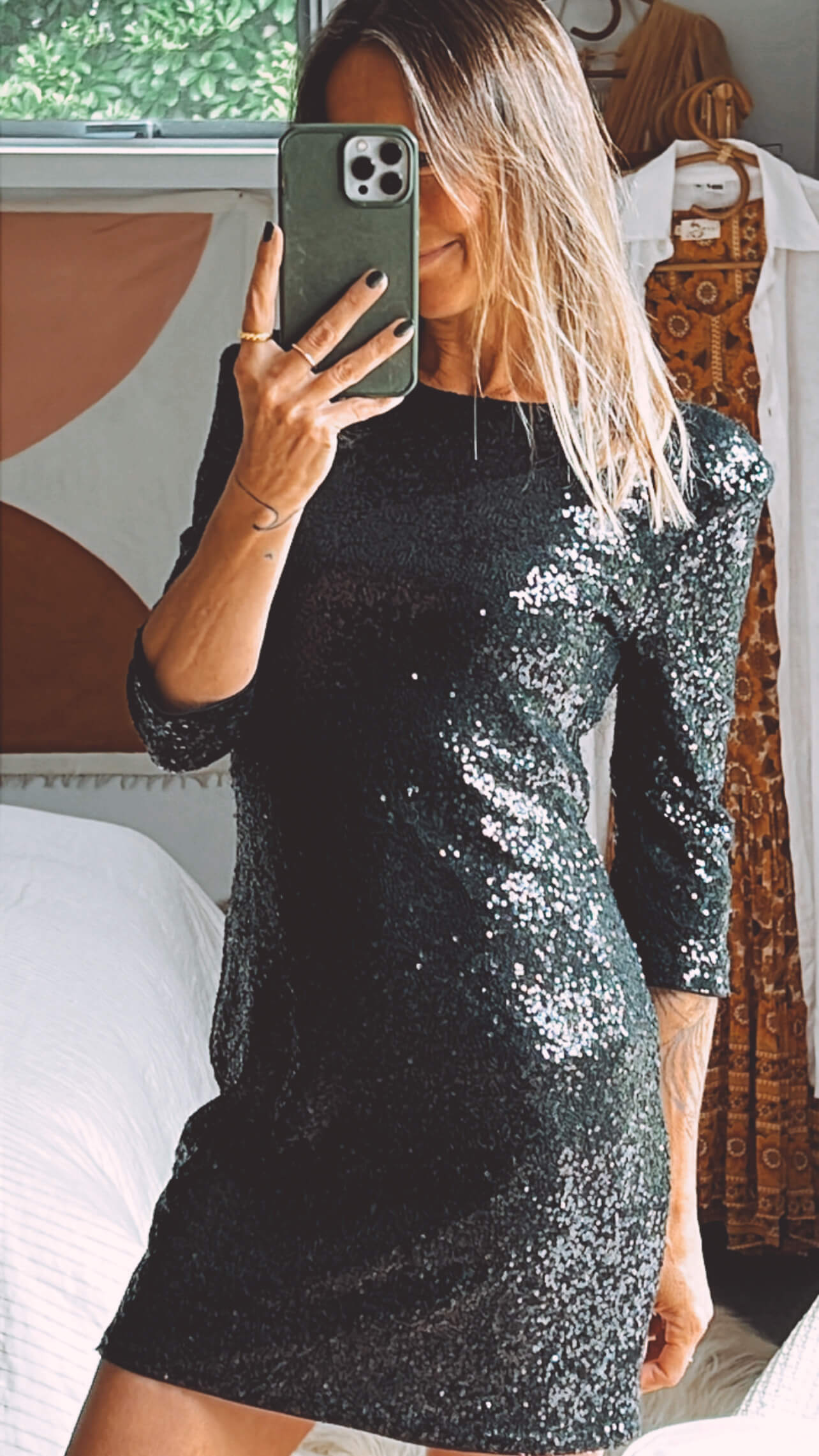 Black Sequinned Mini Dress // Small