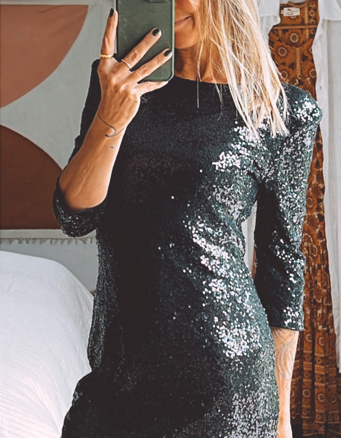 Black Sequinned Mini Dress // Small