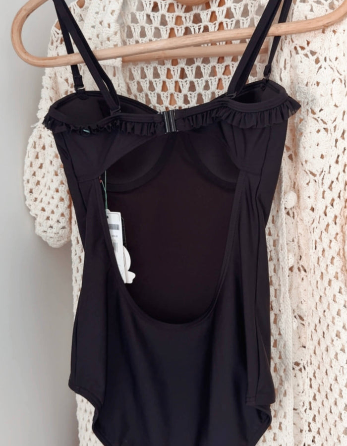 PIHA SWIMWEAR // Frill One Piece Swimsuit // Black // Size 8