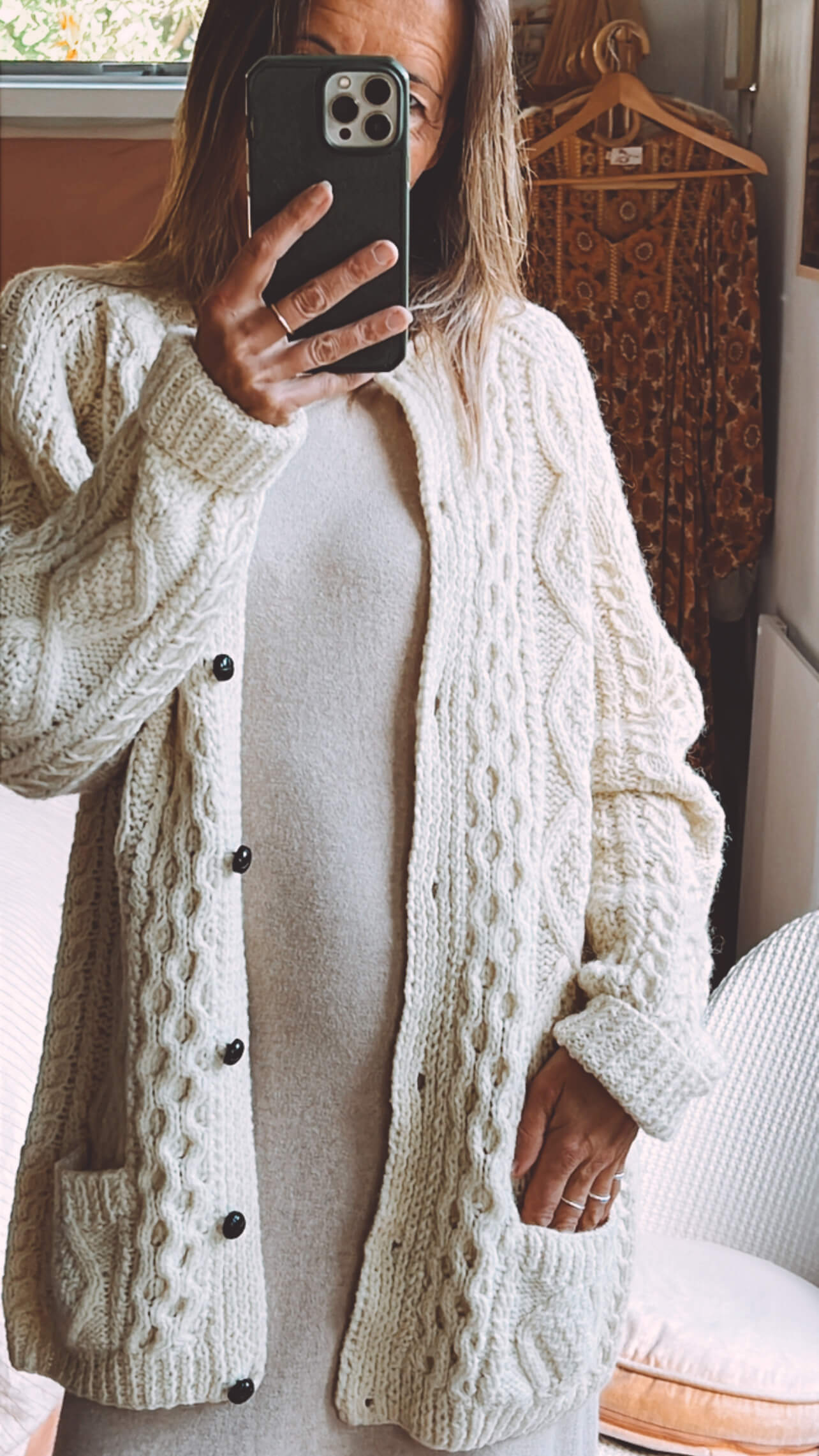 Cream Hand-Knitted Woollen Arran Cardi // Free Size