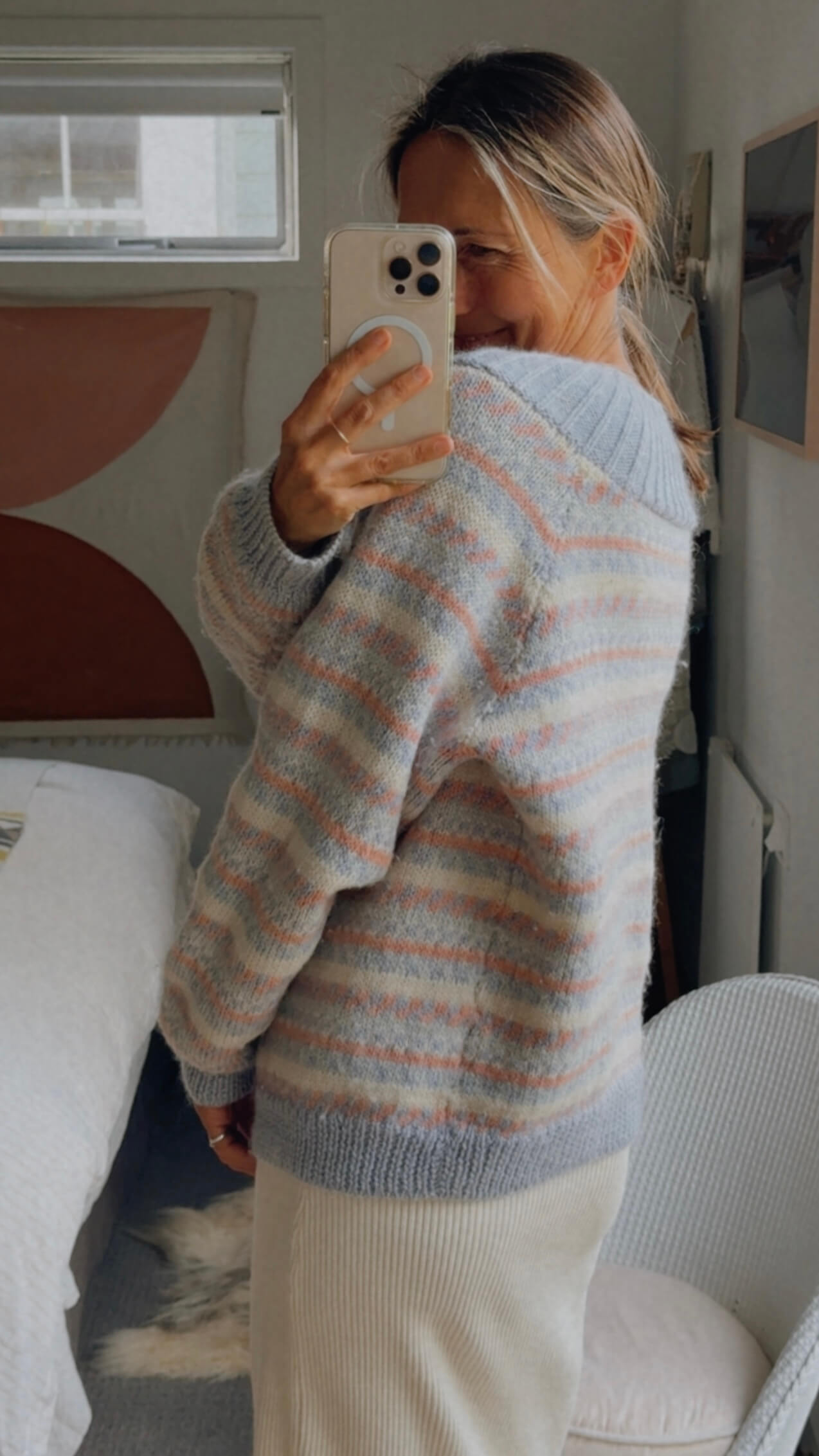 Hand-knitted Woollen Cardi // Duck Egg Blue/Pink/Cream // Free Size