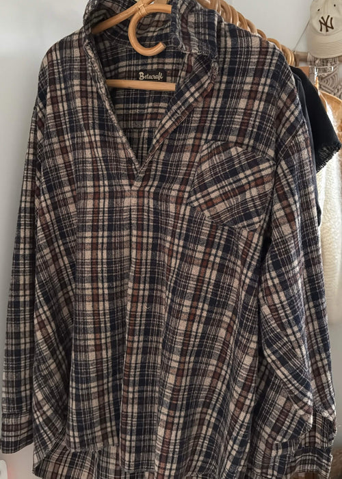 BUSHSHIRT // Navy/Brown/Beige Check // Free Size (XL)