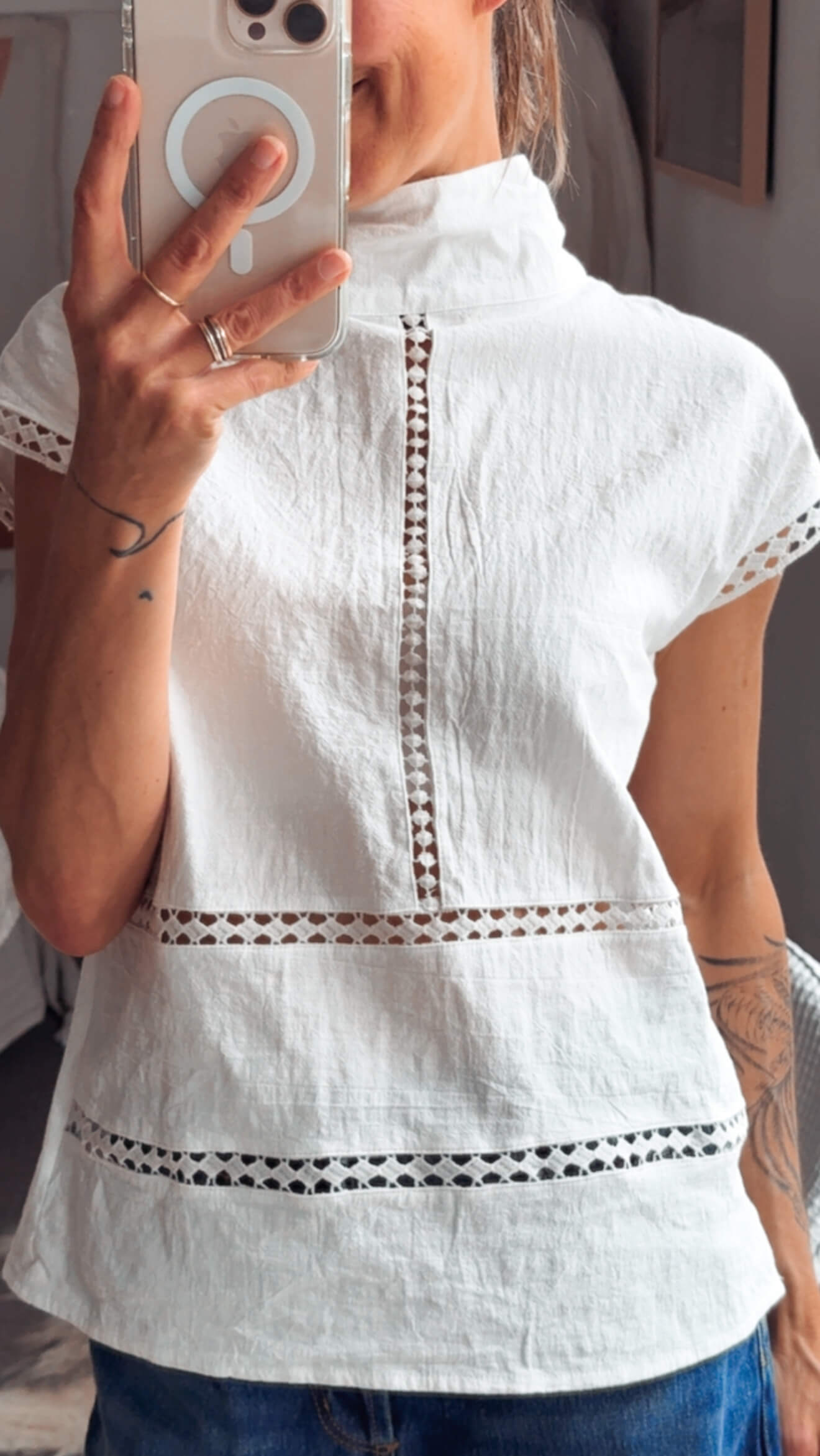 WHITE COTTON // Mandarin Cut-Out Blouse // Small