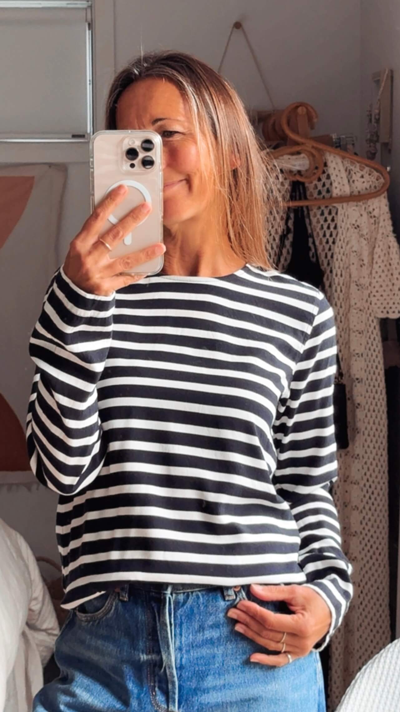 TRENERY // Navy Striped Crew Top // Small