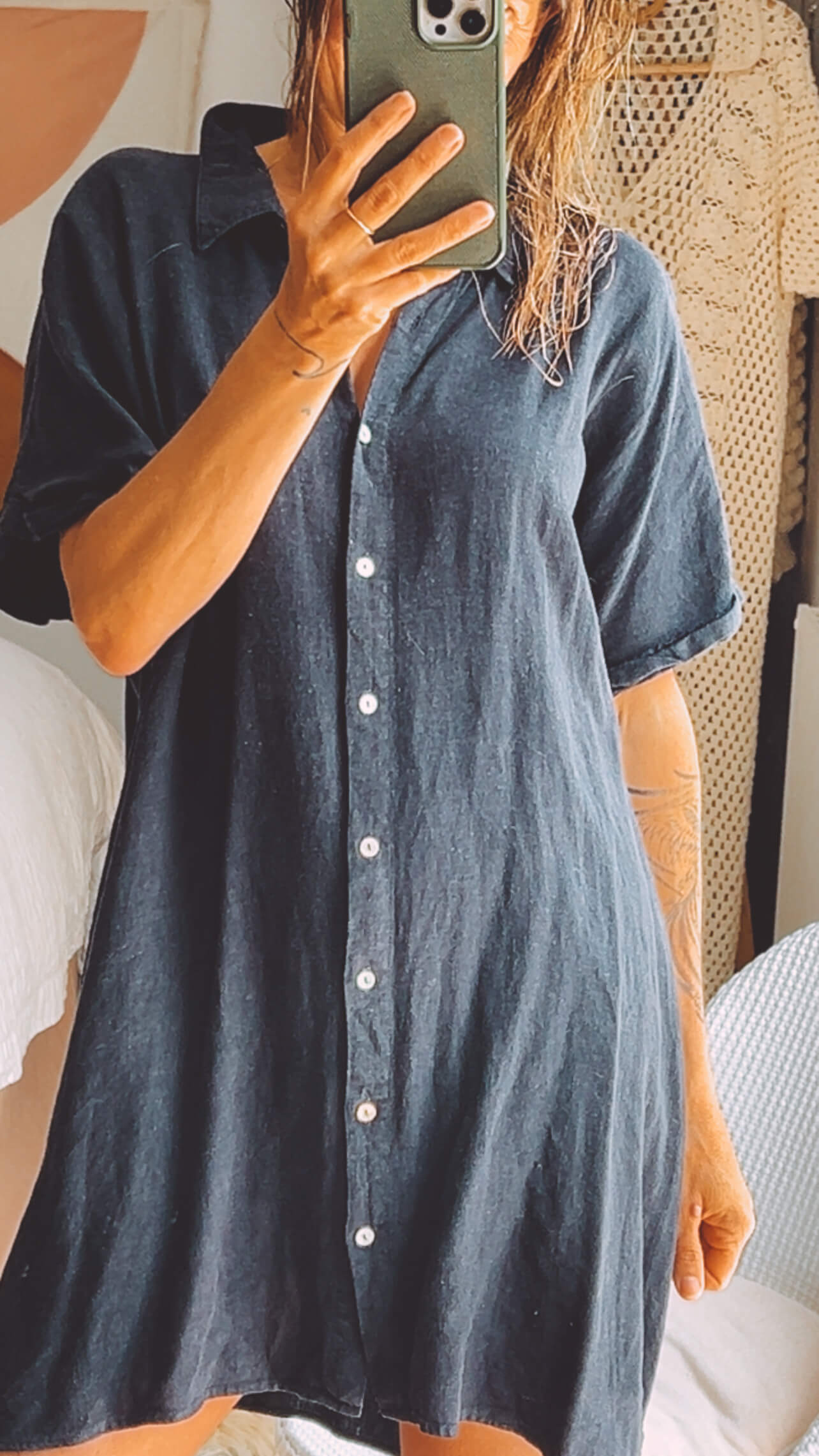 Navy Linen Shirt Dress // Medium