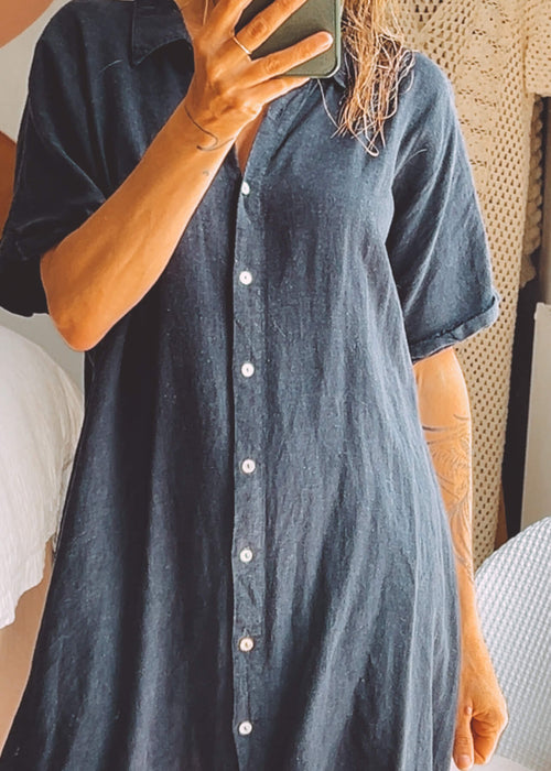 Navy Linen Shirt Dress // Medium