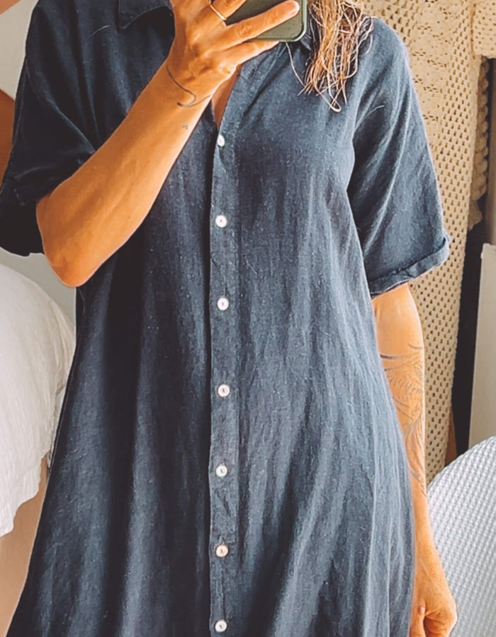 Navy Linen Shirt Dress // Medium