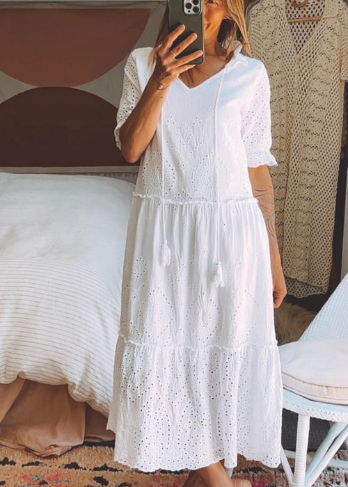 White Cotton Broderie Anglaise Dress // Small