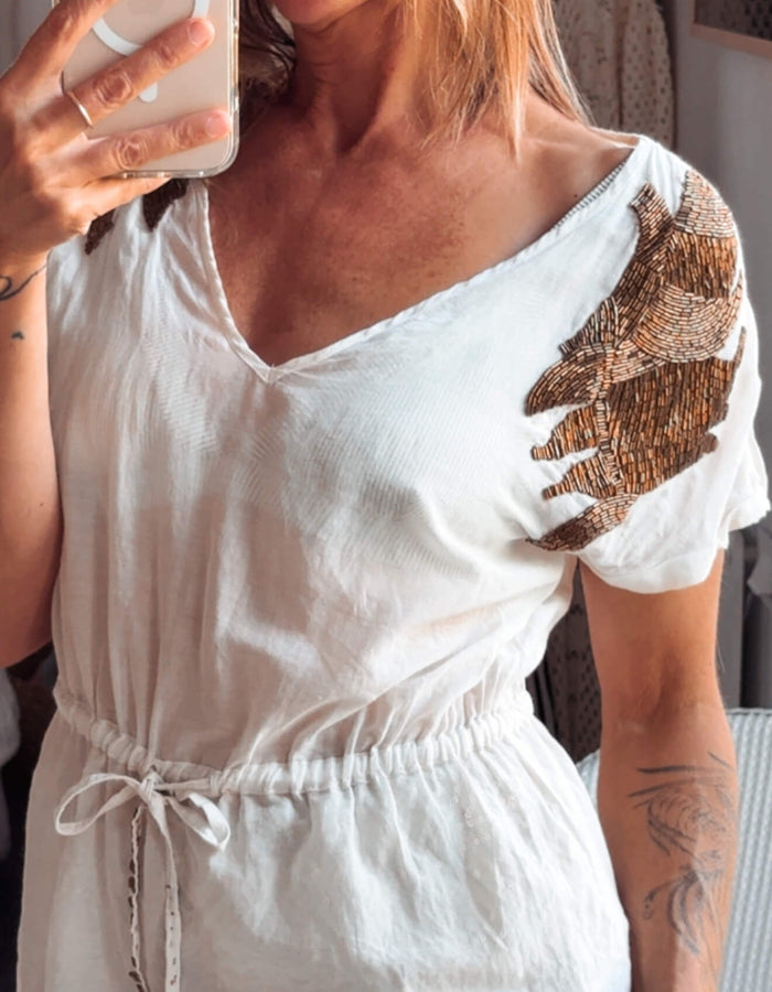 GUESS // Cotton & Silk Beaded Blouse // Small