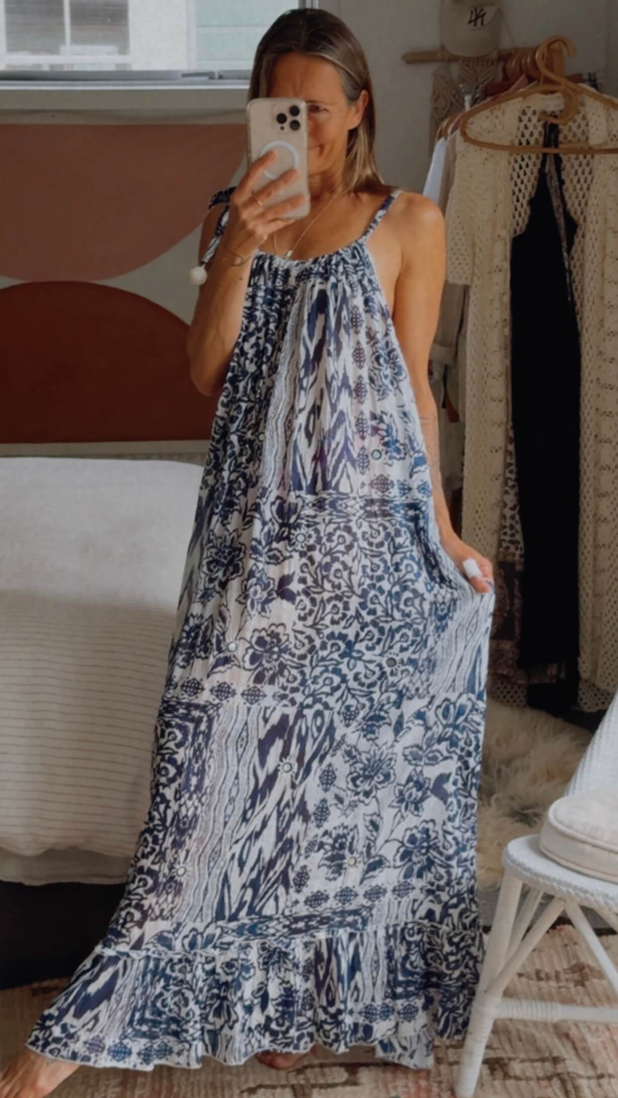 STELLA + GEMMA // Grecian Cotton Maxi // Navy/white // Small
