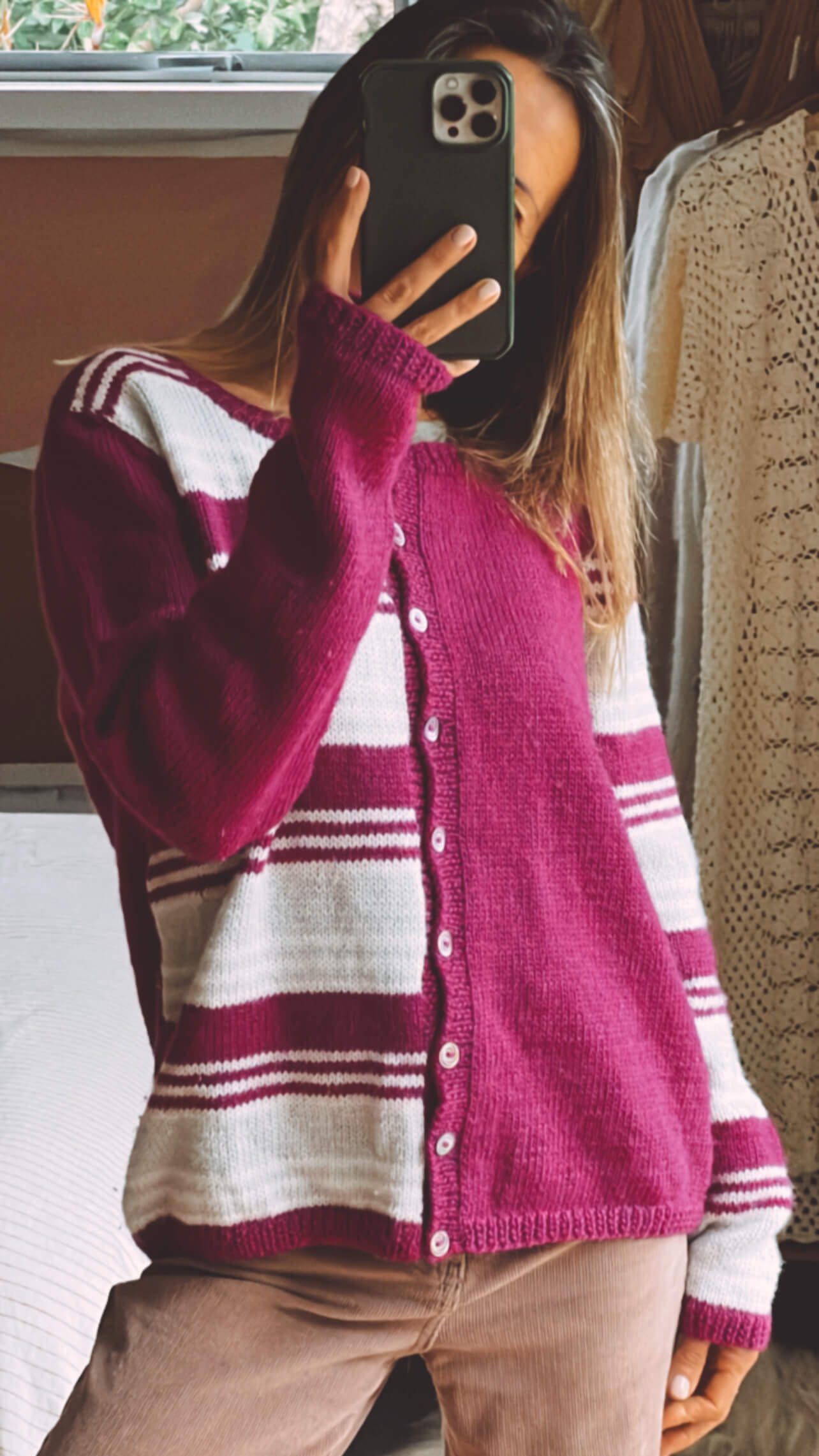 Fuschia Striped Woollen Cardi // Small