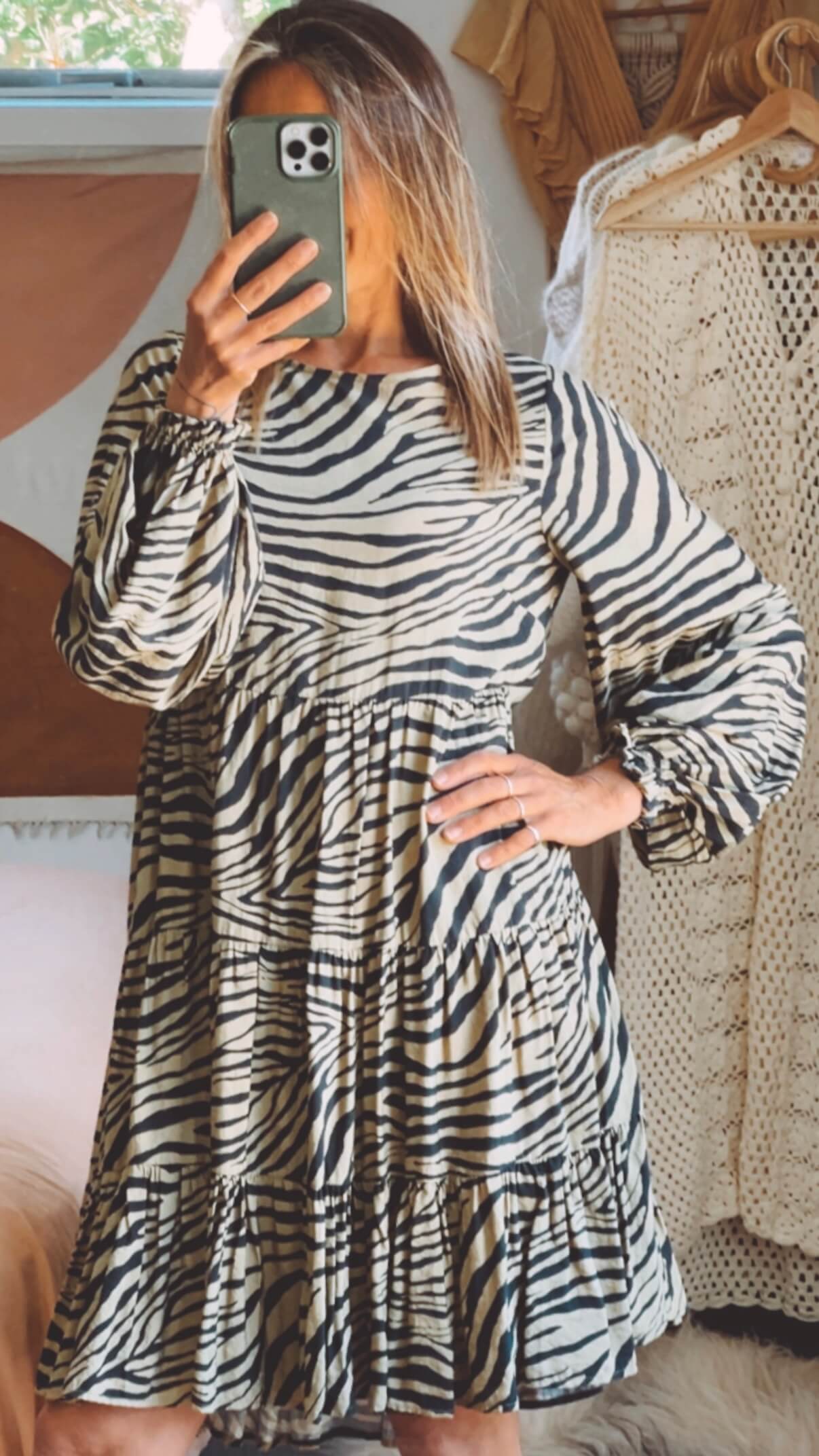 Khaki Zebra Print Dress by Mineral // Small