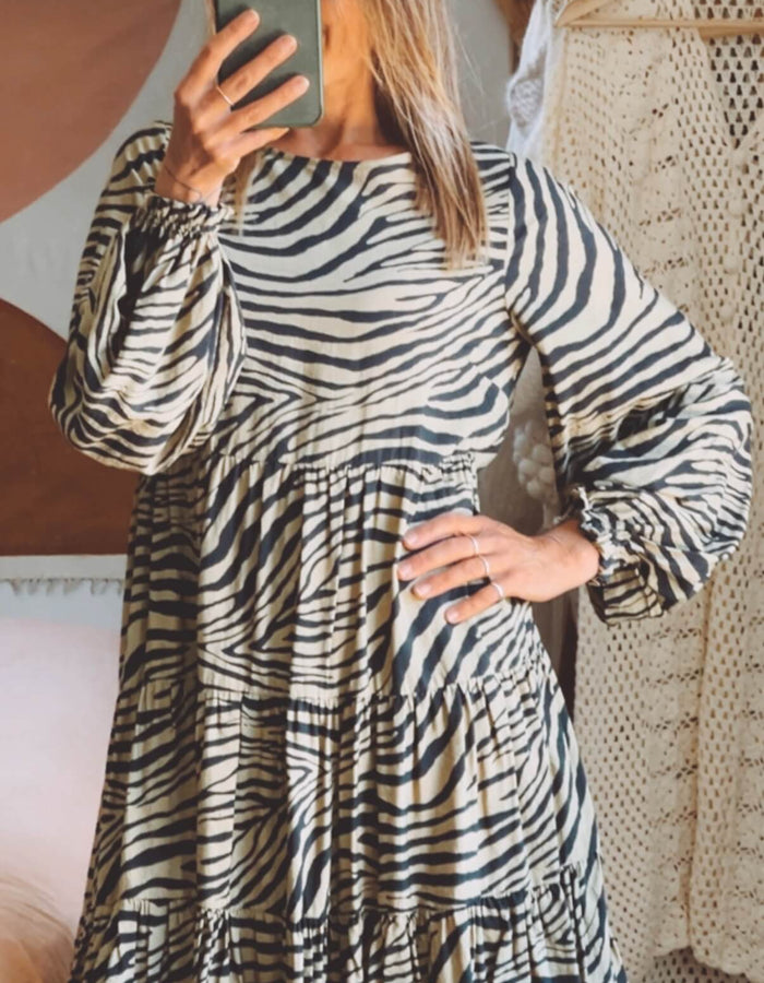 Khaki Zebra Print Dress by Mineral // Small