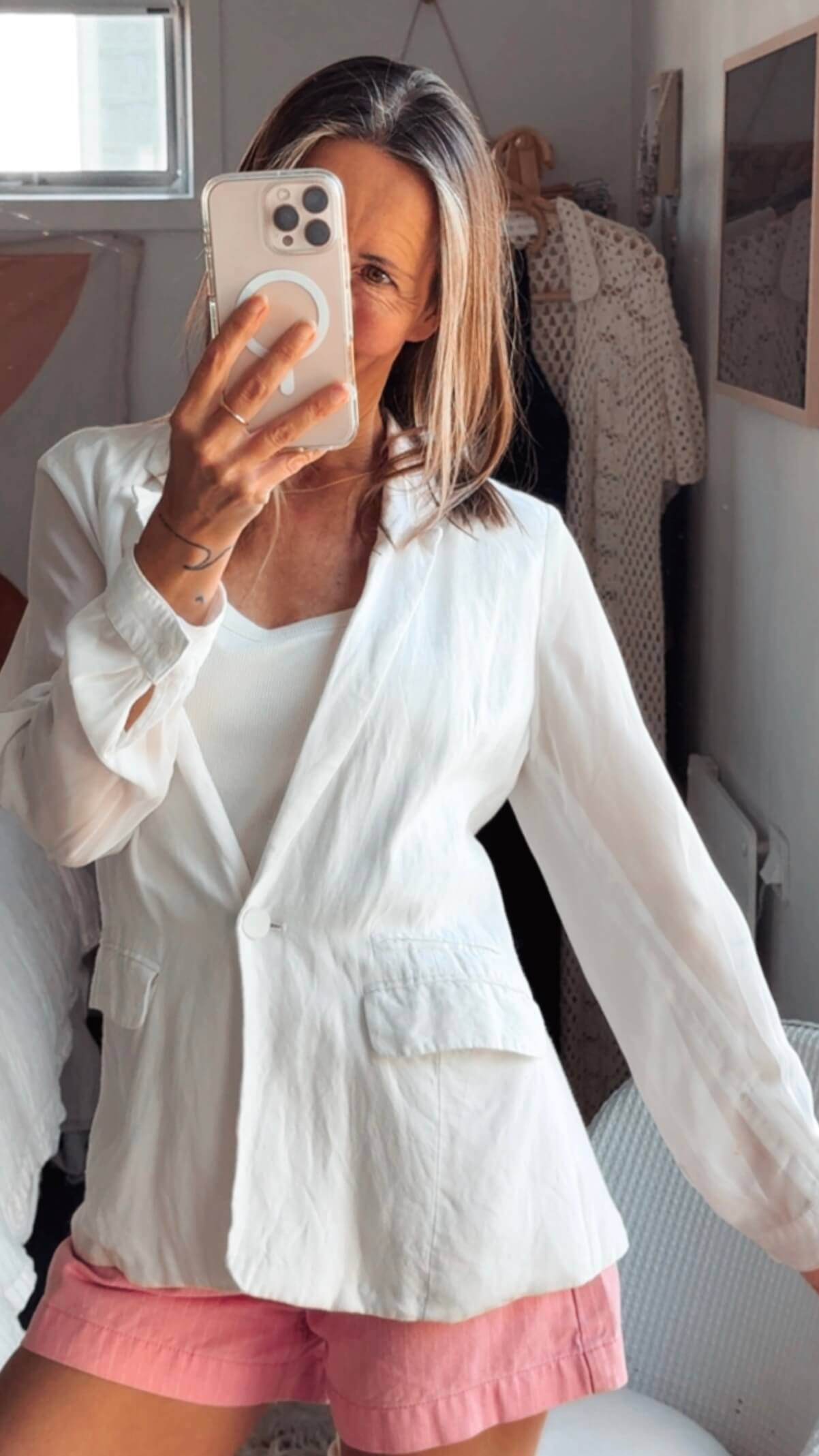 WanLi // White Linen Blazer/Sheer Sleeves // Small