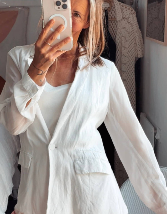 WanLi // White Linen Blazer/Sheer Sleeves // Small