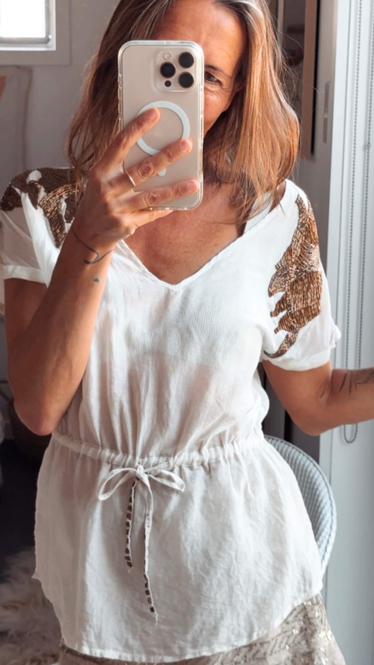 GUESS // Cotton & Silk Beaded Blouse // Small