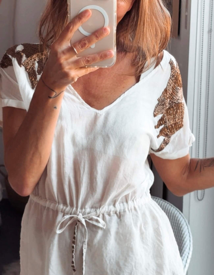 GUESS // Cotton & Silk Beaded Blouse // Small