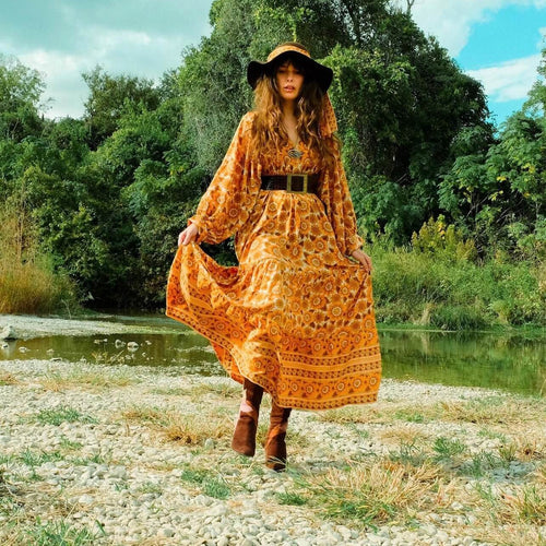 boho dresses new zealand 2026 Tribal Print Maxi Dress * Bohemian Floral Round Neck 3/4 Sleeve Long Dress, Loose Fit Flowy Maxi Dress, Casual Dress for Resort Wear, Summer *-Reducing Vintage Style
